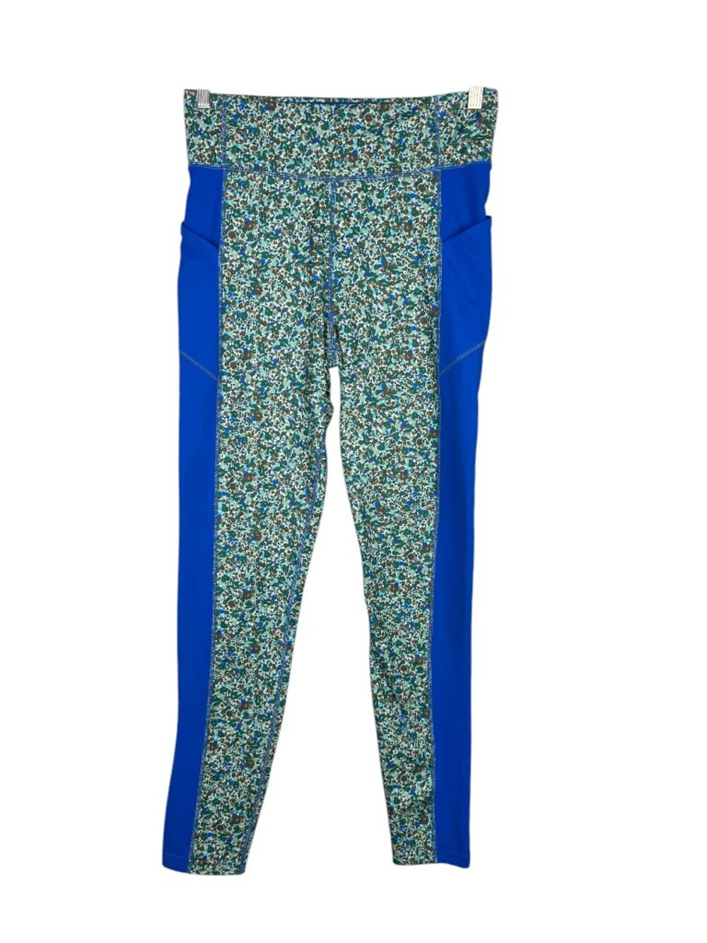 Lands End M Tall Compression Leggings Green Blue Floral Pockets Activewear Yoga